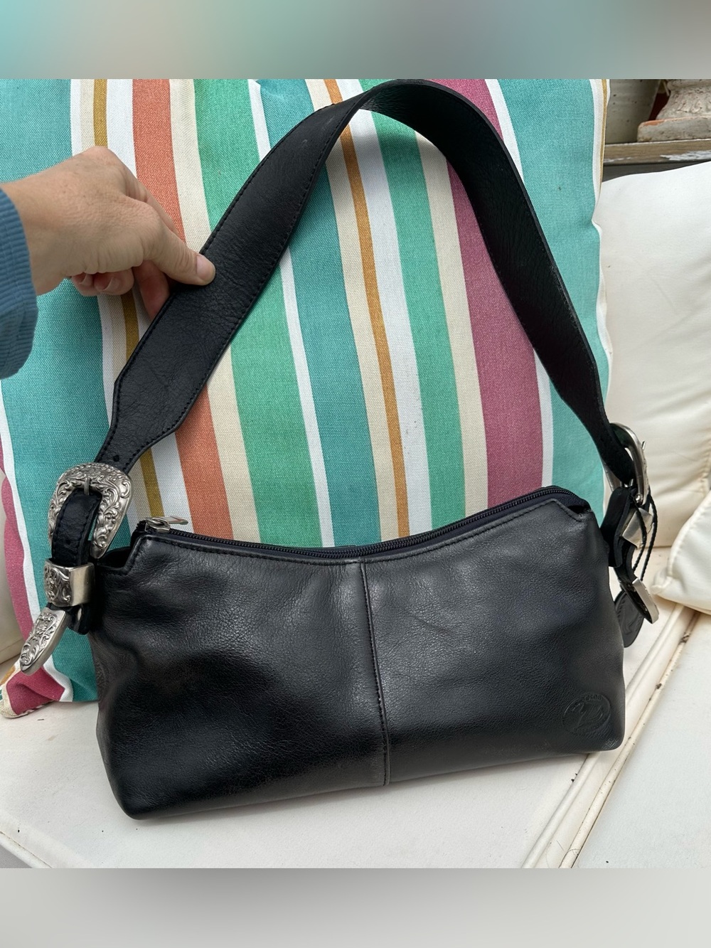 Sergio’s Collection beau Black Leather Shoulder Bag with Silver Buckle Detail